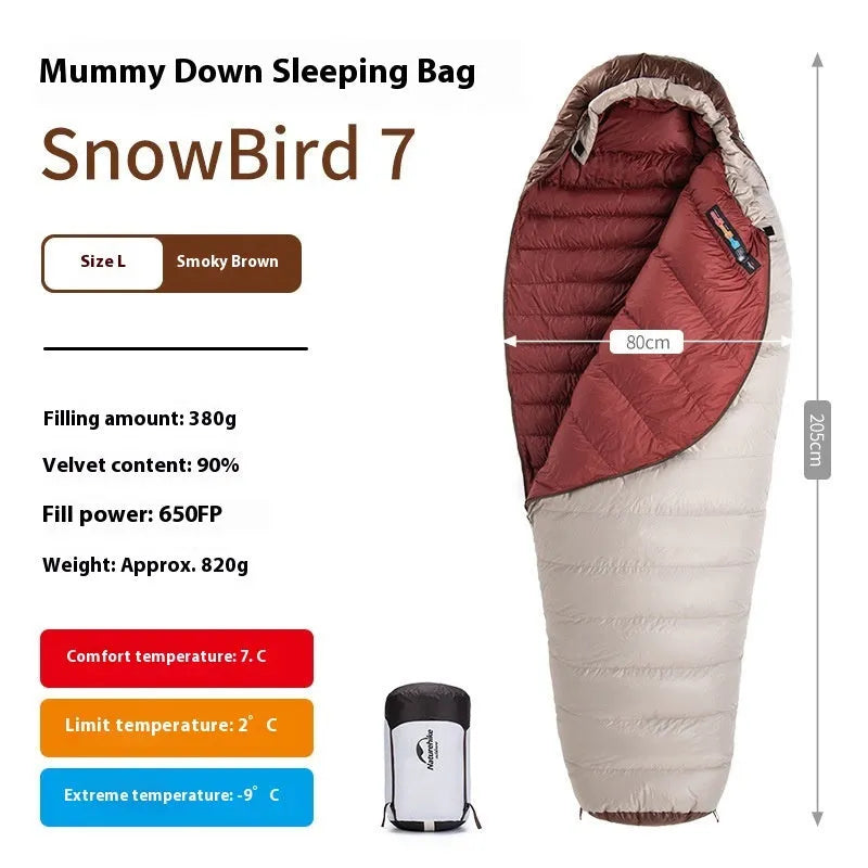 Mummy style goose down sleeping bag with storage bag for camping