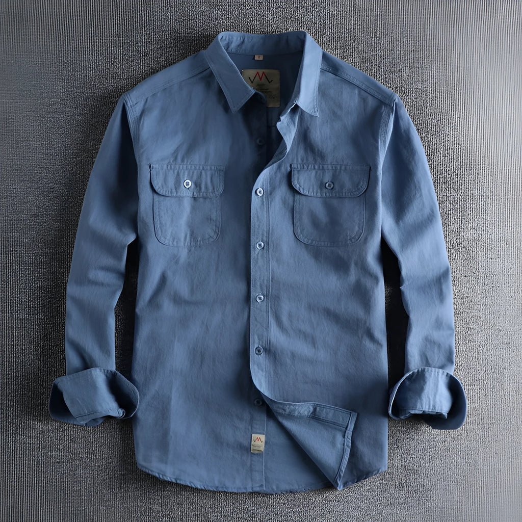 Men's light blue cotton long sleeve shirt with regular fit and cardigan style design