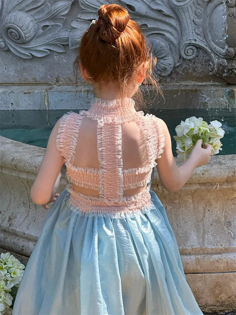 Girls backless sleeveless dress light blue suspender style cotton lined 90-140cm children summer wear