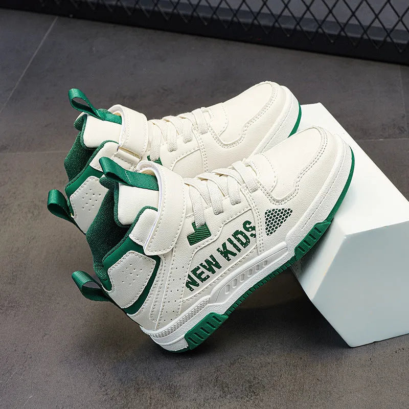Children's street sneakers in multiple colours with PU upper and rubber sole showing lace-up buckle fastening