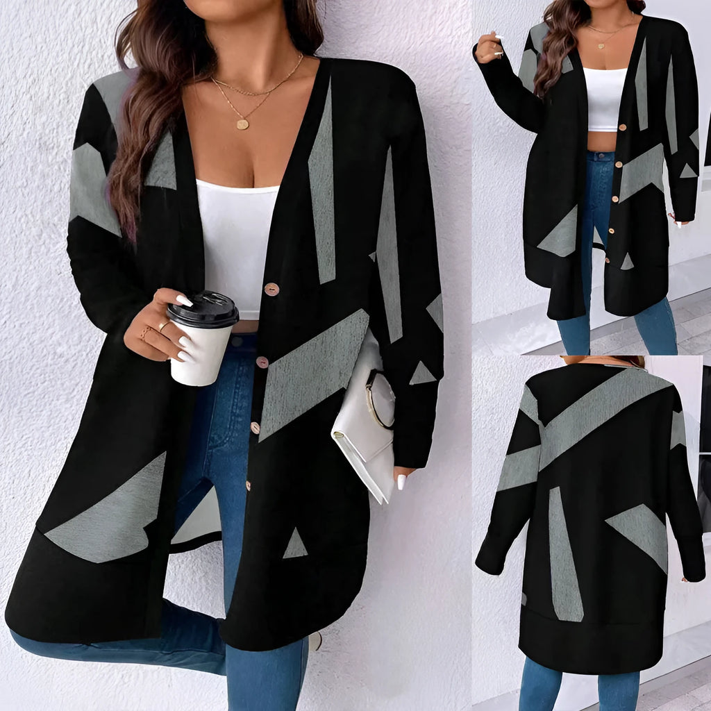 Black loose fit plus size cardigan with button front and printed stitching detail