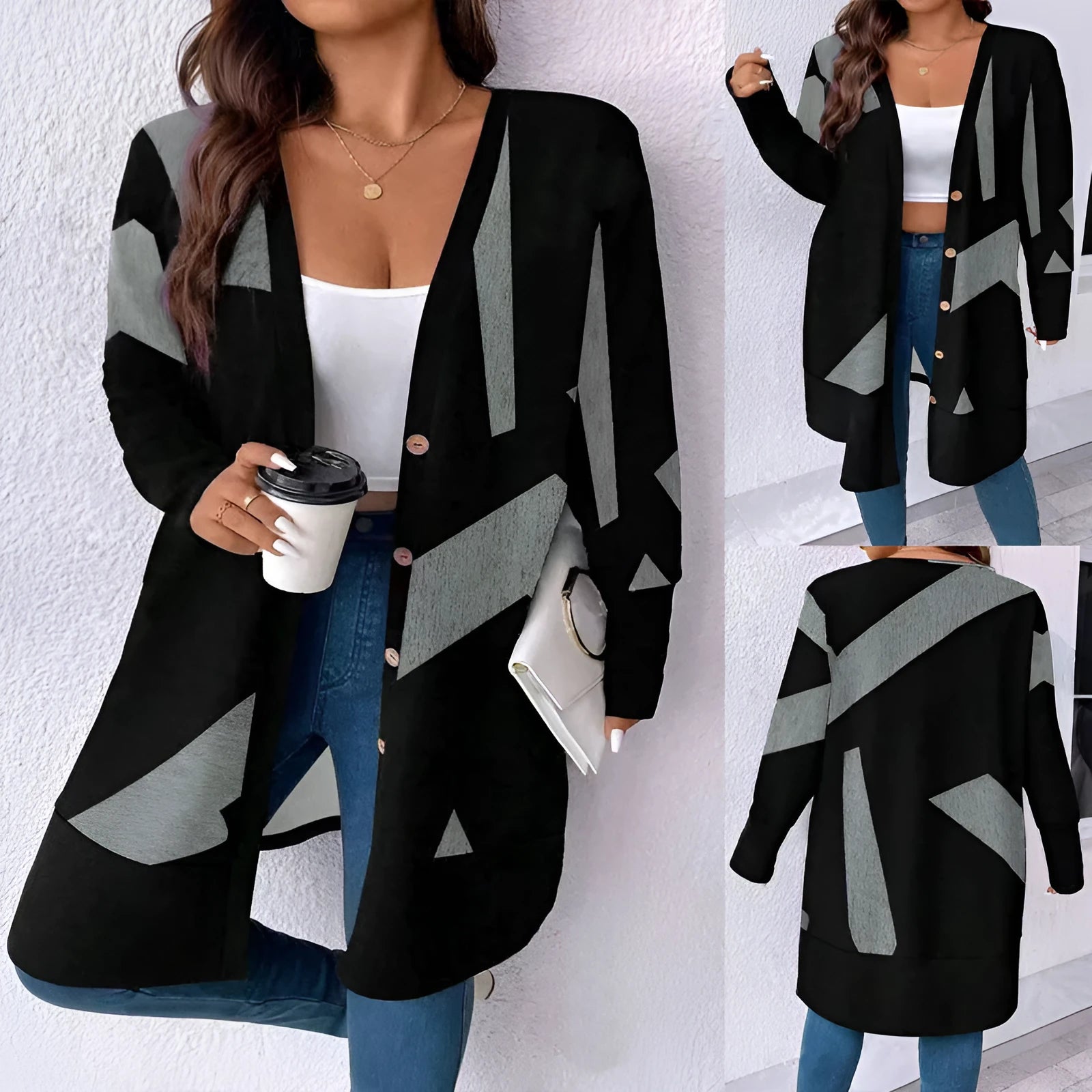Black loose fit plus size cardigan with button front and printed stitching detail