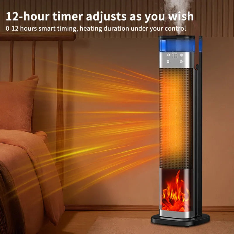 Tall vertical tower heater with humidification function and remote control on a wooden floor.
