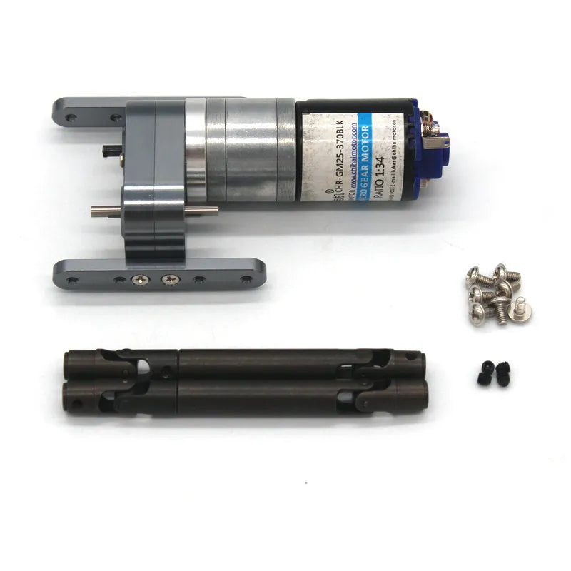 Military RC car metal alloy accessories including front bar, axles, motor box and black tyres