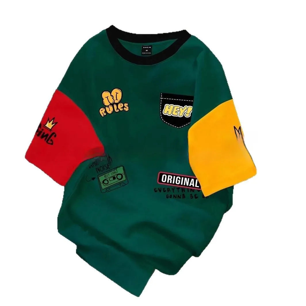 A man's loose-fit casual t-shirt with a colourful digital print design on the front, short sleeves.