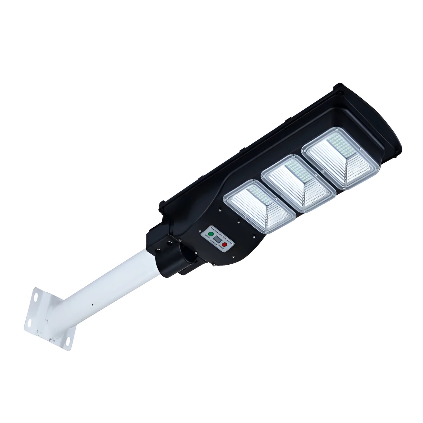 60W integrated solar-powered LED street light unit with remote control for outdoor use.