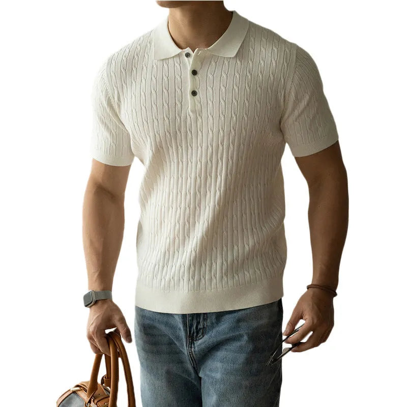 Men's khaki short-sleeve blend-fabric top for business casual and commute wear.