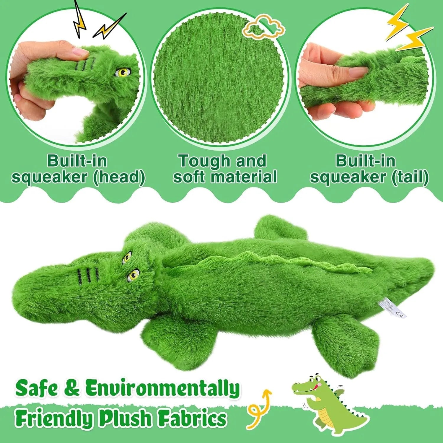 Green crocodile-shaped plush dog toy with a squeaker in the head and crinkle paper in the tail.