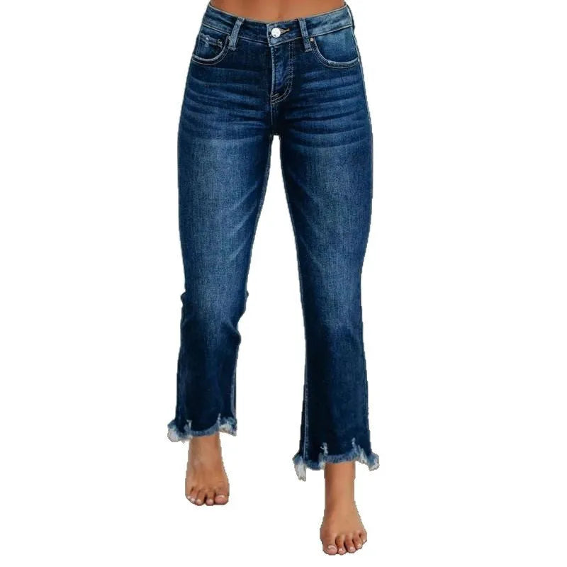 Solid colour women's denim trousers with a hand-worn finish in dark blue and light blue.