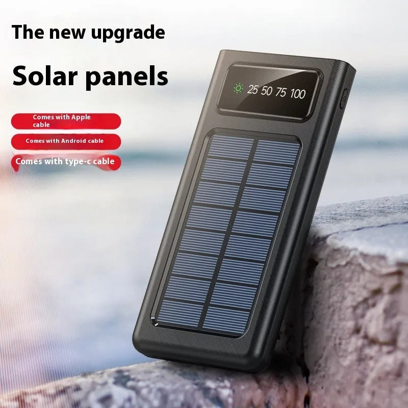 Black or white 20000mAh solar power bank with cable, showing creative design and portable size