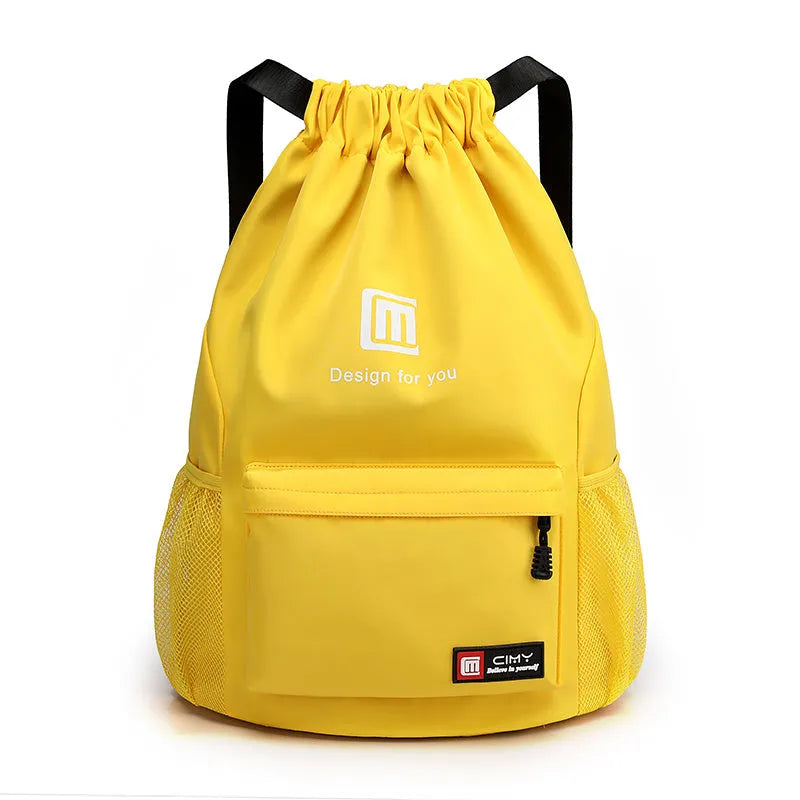 Oxford drawstring backpack in bucket shape with pull-cord closure and water-repellent fabric