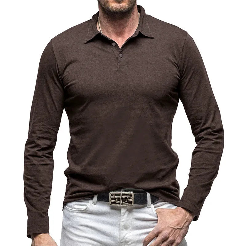 Men's dark grey cotton long sleeve T-shirt with a polo collar laid flat.