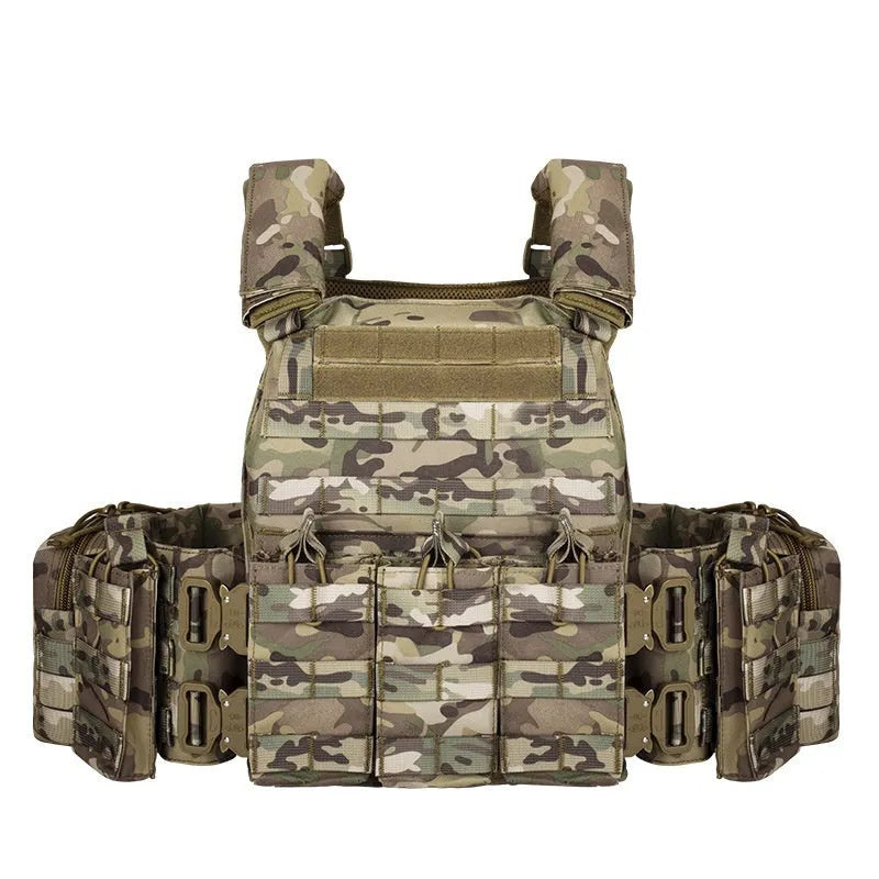Men's camouflage polyester tactical vest for outdoor training and shooting sports.