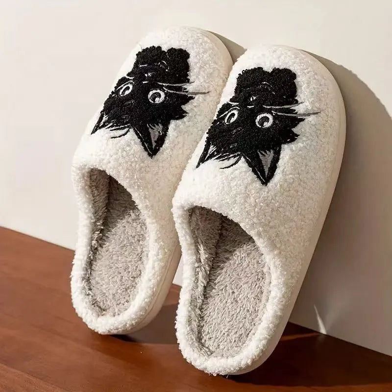 White plush couple slippers with a black beard cat cartoon pattern and a non-slip sole