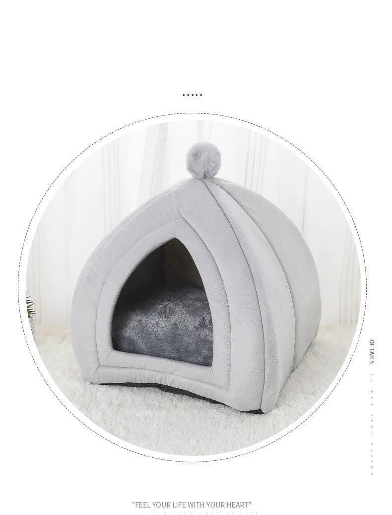 Gray cat bed pet house cave in size XL on a hardwood floor