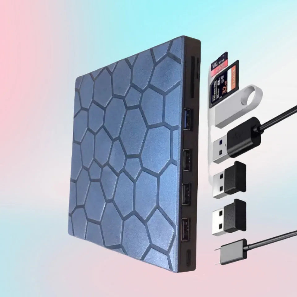 Black external CD drive with USB cable for computer disc reading and writing