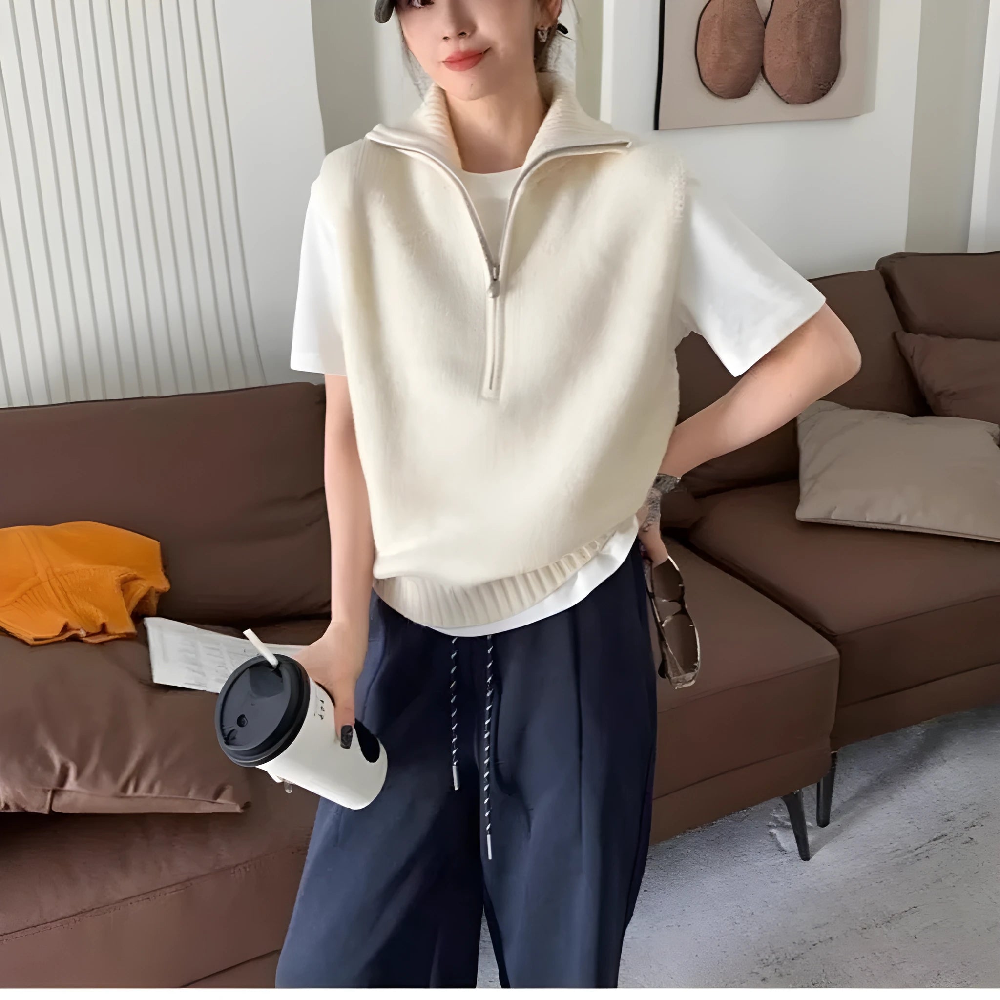 Retro half zip sleeveless knit vest in mesh polyester with Japanese Korean casual styling