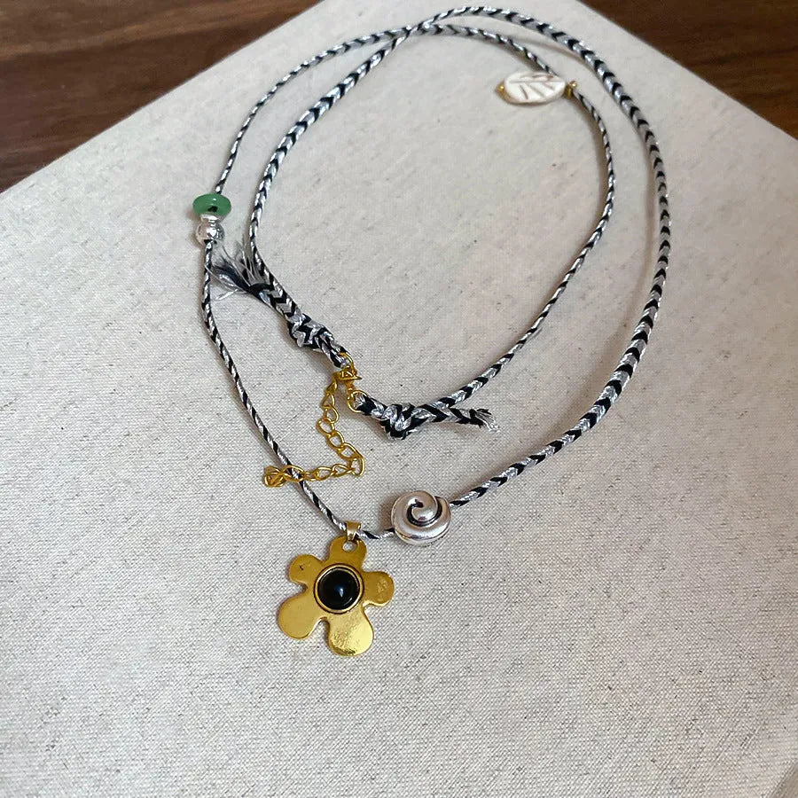 Stone shell beaded flower pendant necklace on adjustable 51-60cm chain in ethnic style
