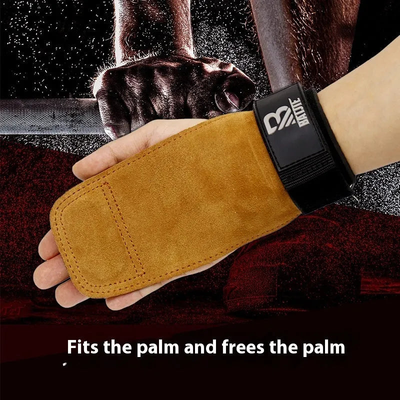 A pair of brown grip strength wrist bands for pull-up and fitness hand protection.
