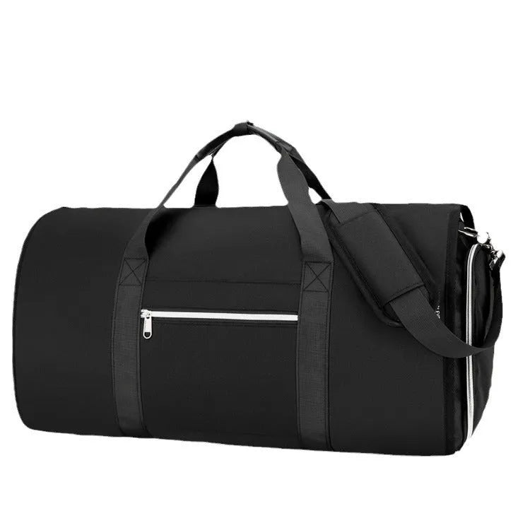 Oxford cloth sports storage bag in black with dry wet separation compartment and waterproof lining.