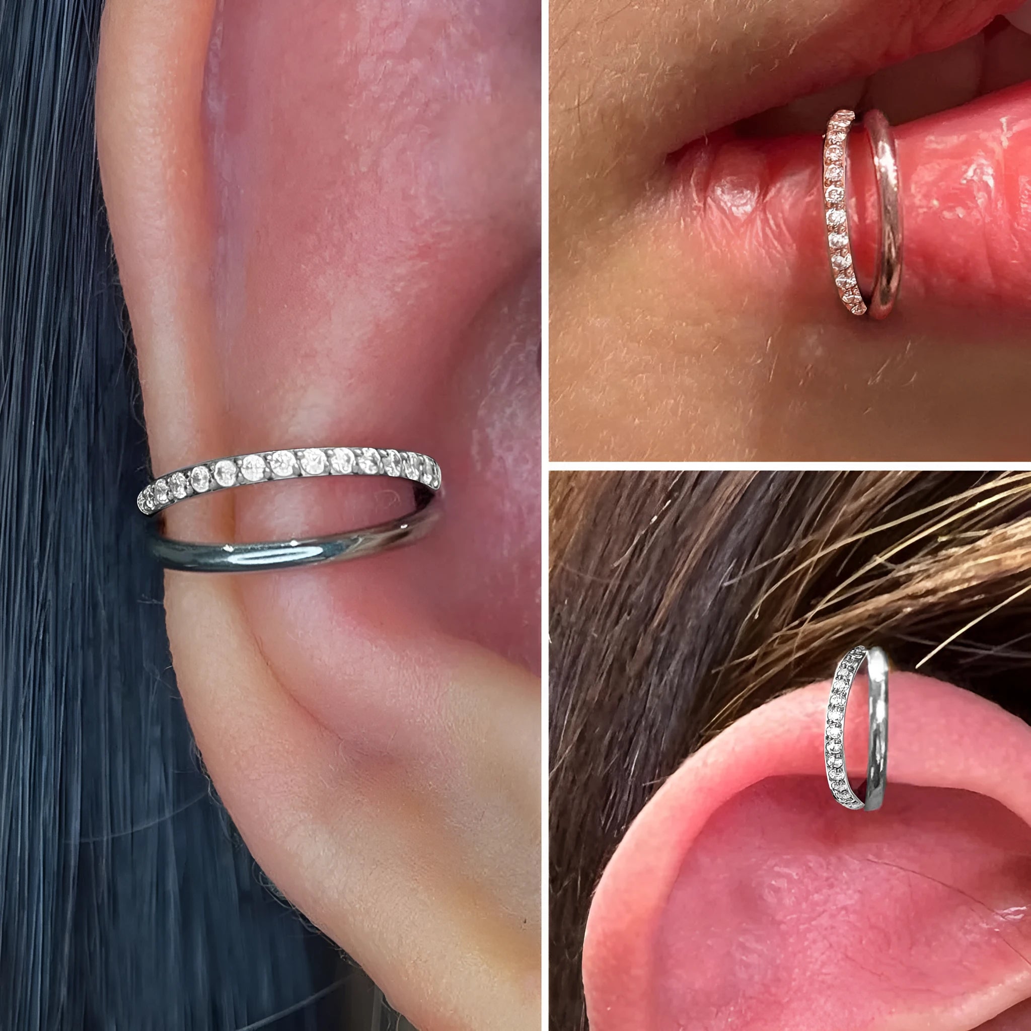 Titanium alloy fork nose ring in silver and gold finishes with and without diamonds, showing 1.2mm gauge.