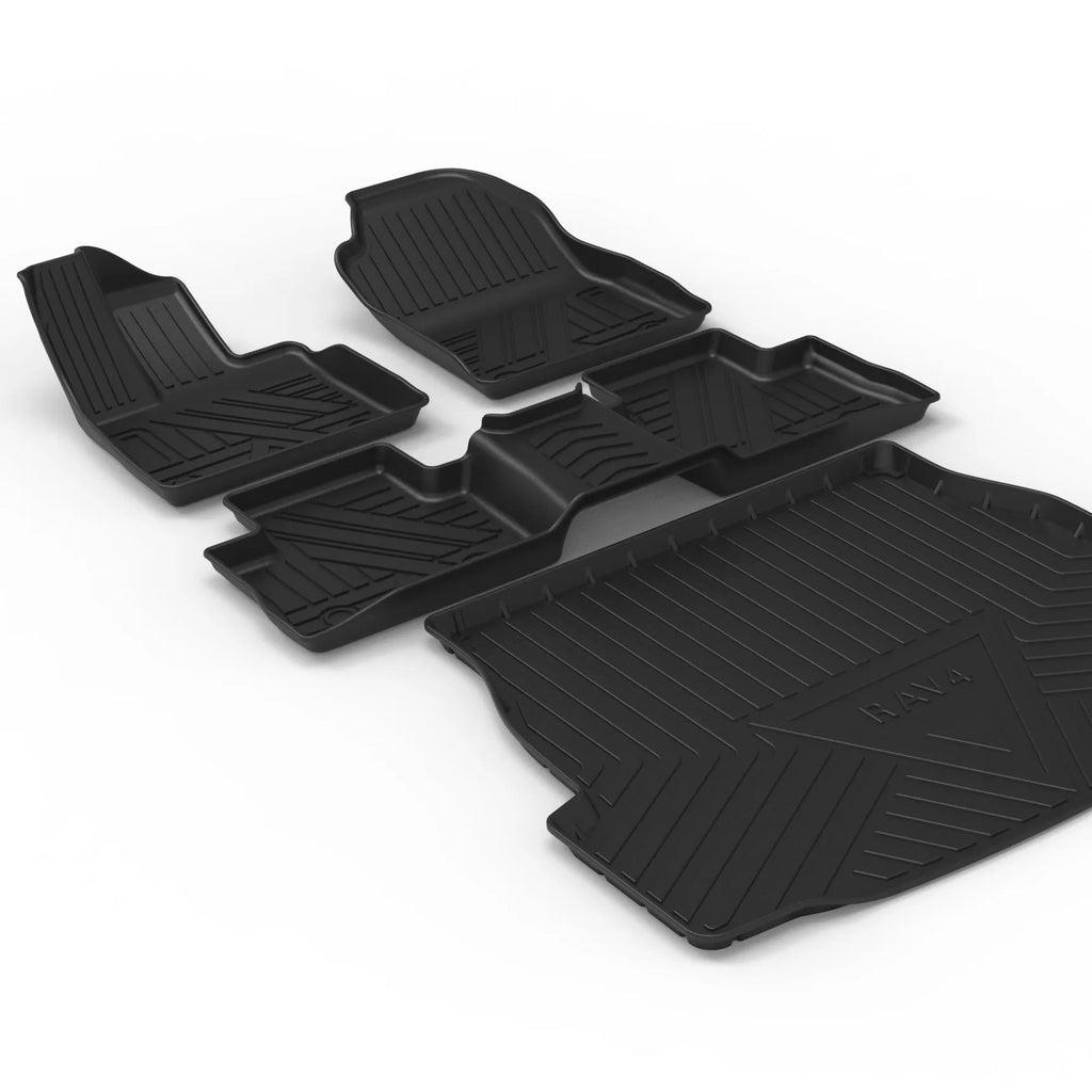 Black TPE car boot liner mat with a carbon fibre pattern texture, laid flat.