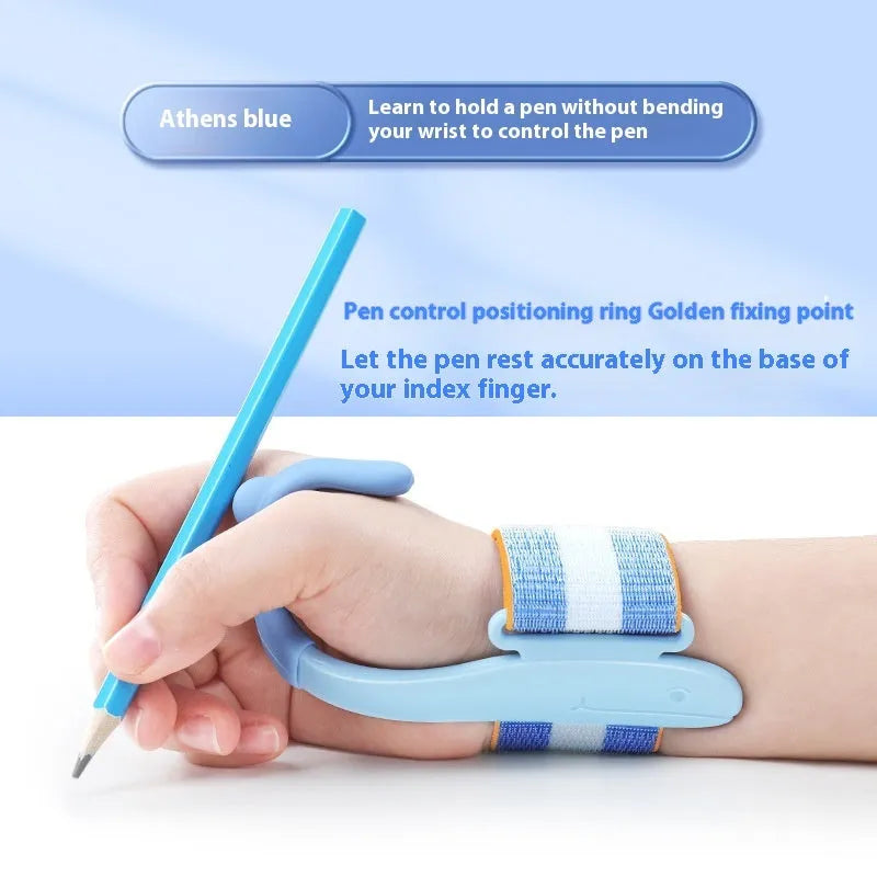 Blue and pink anti-hook wrist brace pen grip corrector for children's handwriting, made from white ABS nylon.
