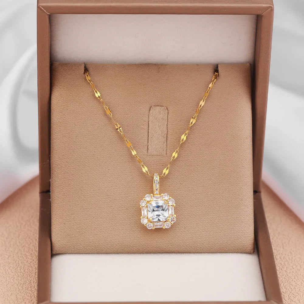 Gold clavicle chain necklace with geometric zircon pendant on titanium steel wave chain