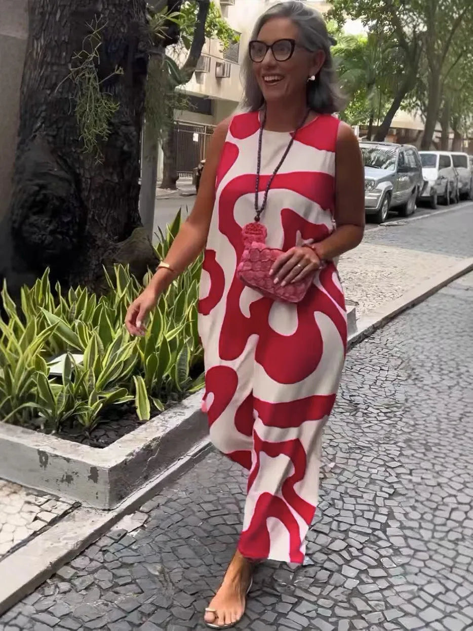 New V-neck printed sleeveless casual dress for women in rose red with A-line skirt