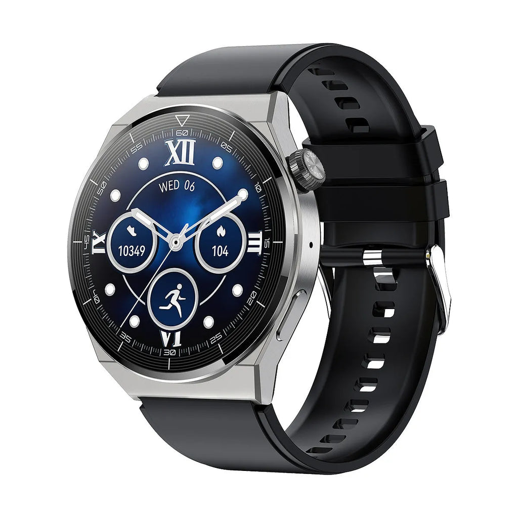 Round smart watch with black silicone strap showing 1.36-inch touchscreen display