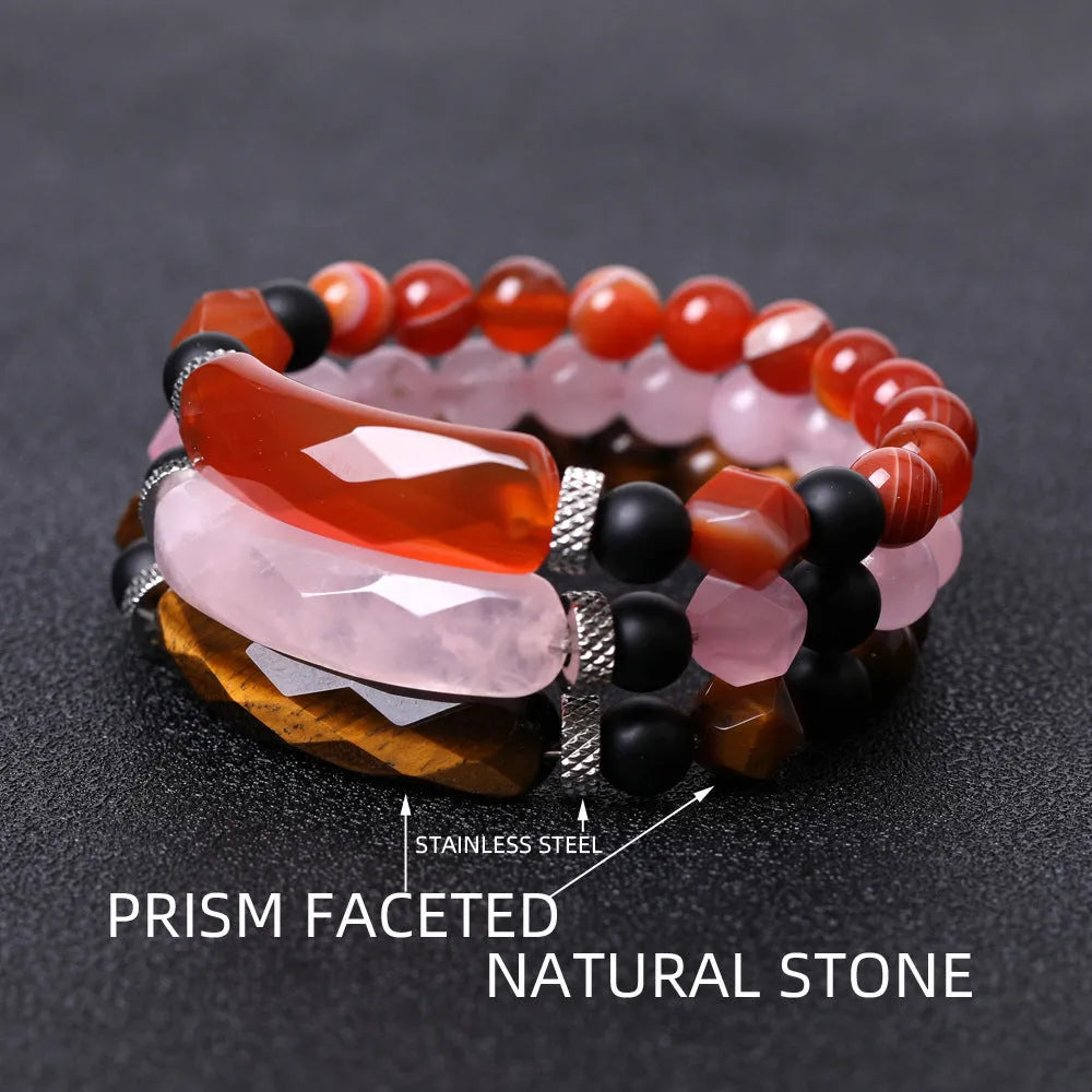 Handmade diamond-shaped cut agate bracelet with geometric pattern and fan-shaped elements