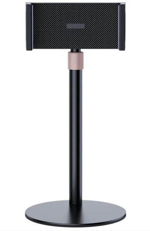 Black metal and ABS tablet bracket with extended telescopic arm holding an 11 inch tablet.