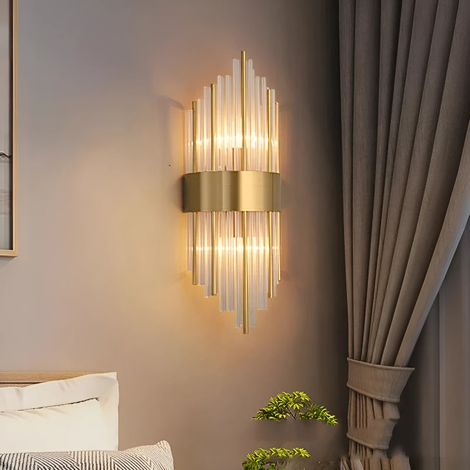 Modern crystal wall lamp with petal design and titanium gold finish mounted on wall
