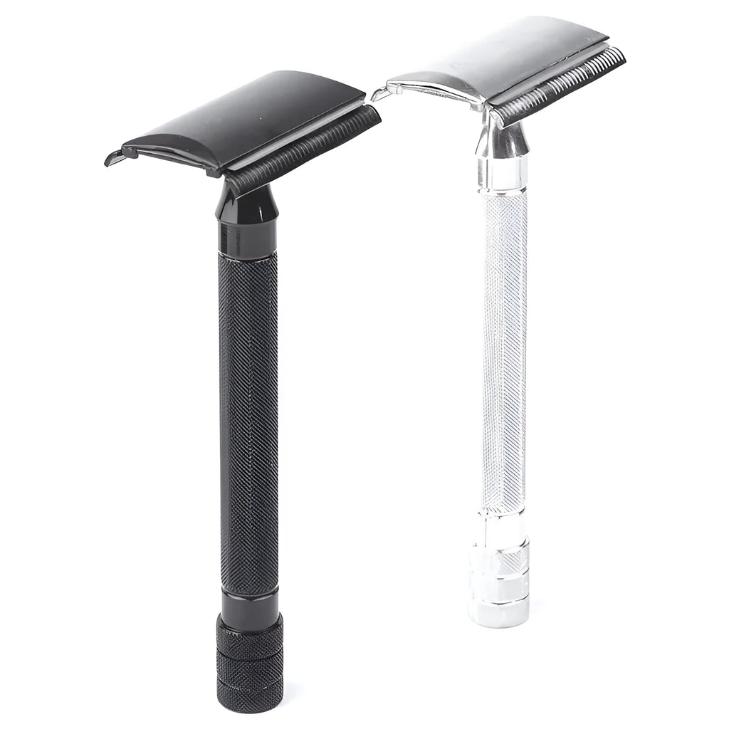 Manual beard shaving tool with metal scraper and brush for traditional wet shaving