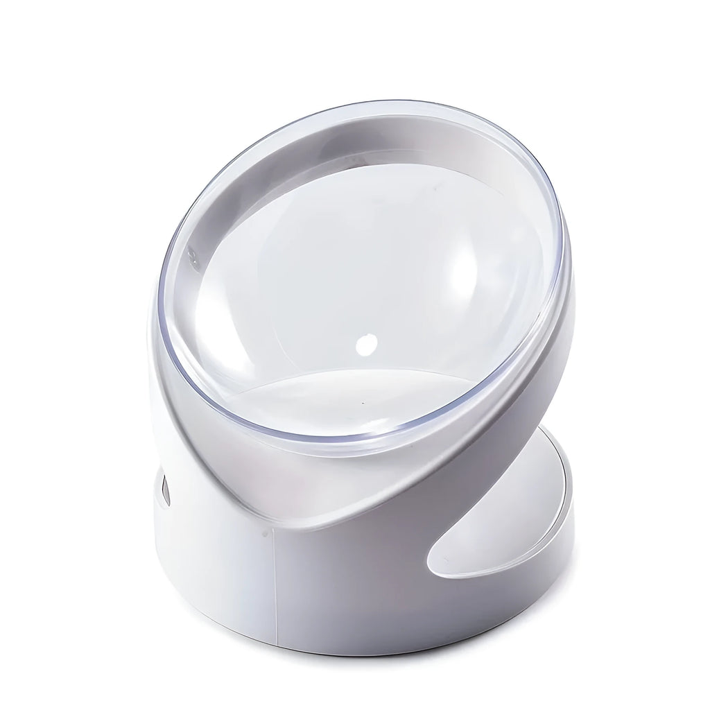 White clear plastic elevated cat food bowl with anti-vomit tilt design on stable base