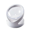 White clear plastic elevated cat food bowl with anti-vomit tilt design on stable base