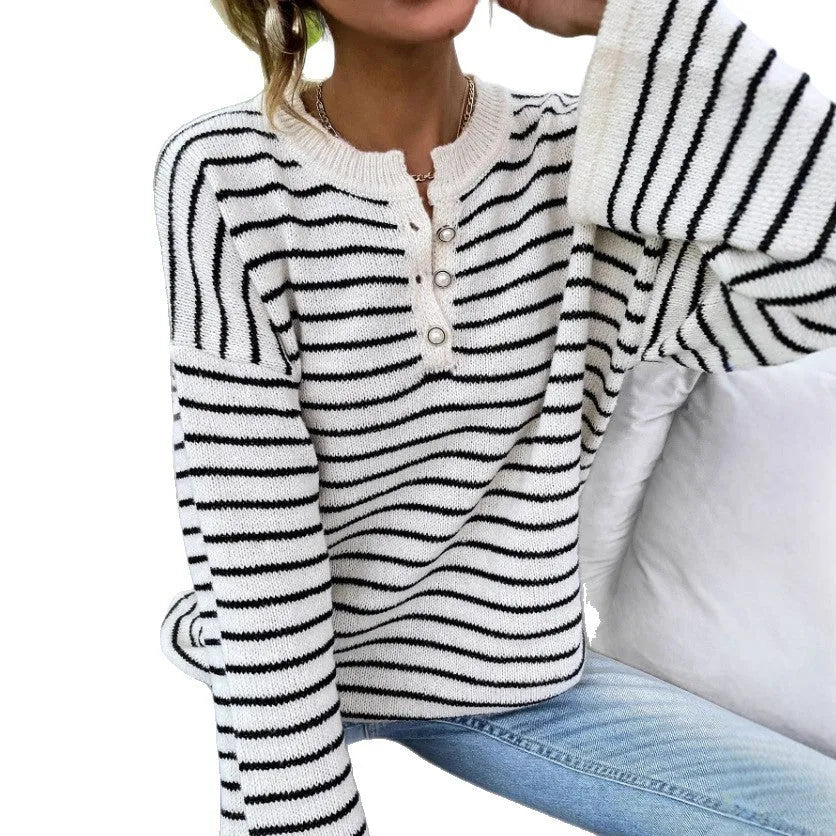 Black striped women's loose top with drop shoulders and long sleeves in viscose fabric