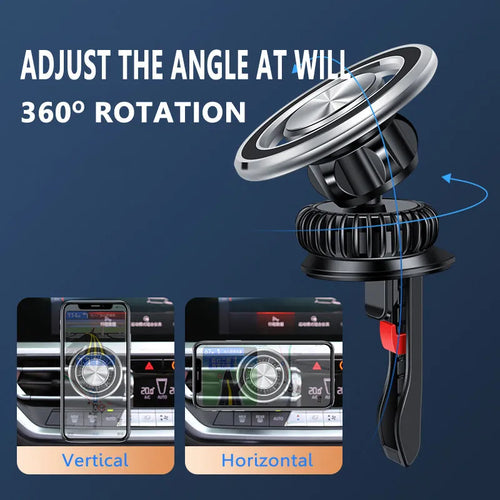 Car air outlet magnetic phone holder with snap-on bracket in silver or black colour