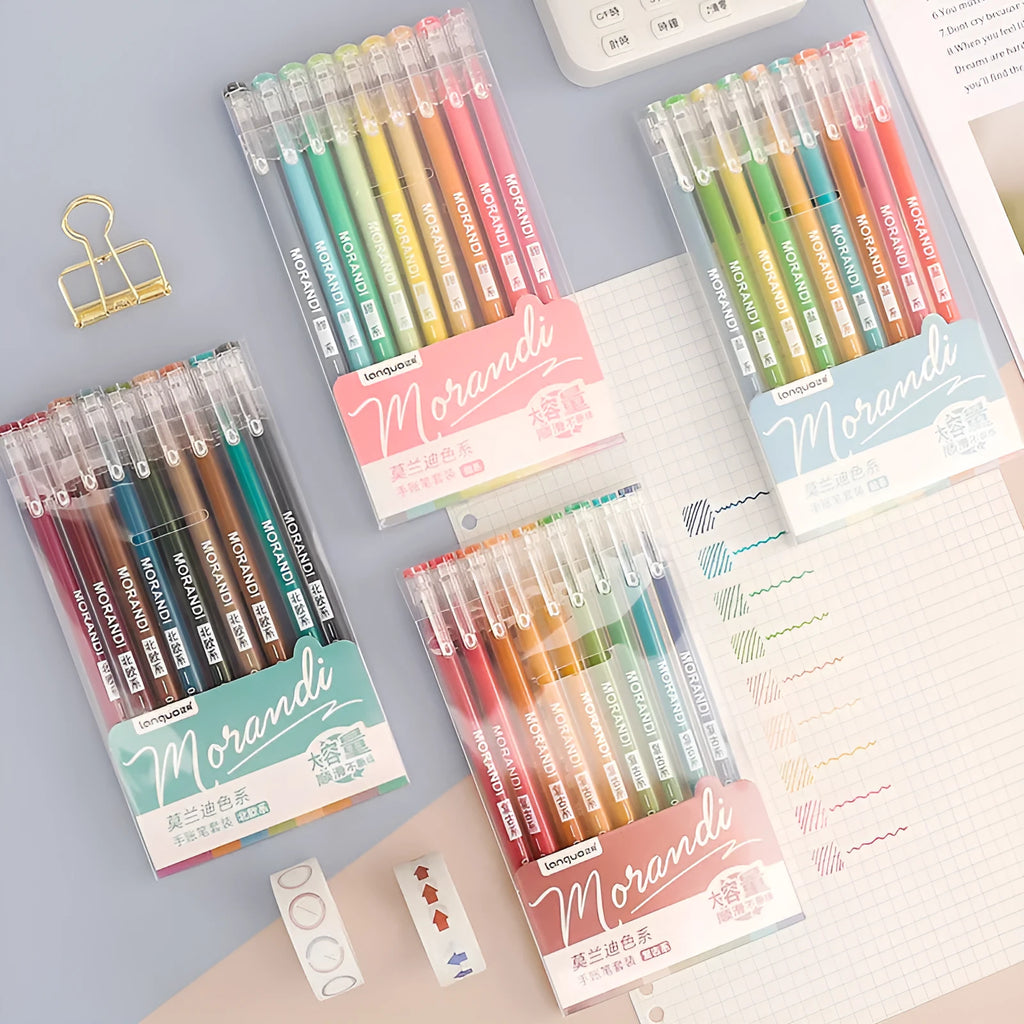 Set of nine retro colour gel pens with 0.5mm needle tips arranged in a pack.