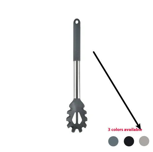 12-piece silicone kitchen utensil set in rotating storage bucket, including spatula, spoon, ladel, and egg beater on kitchen counter.