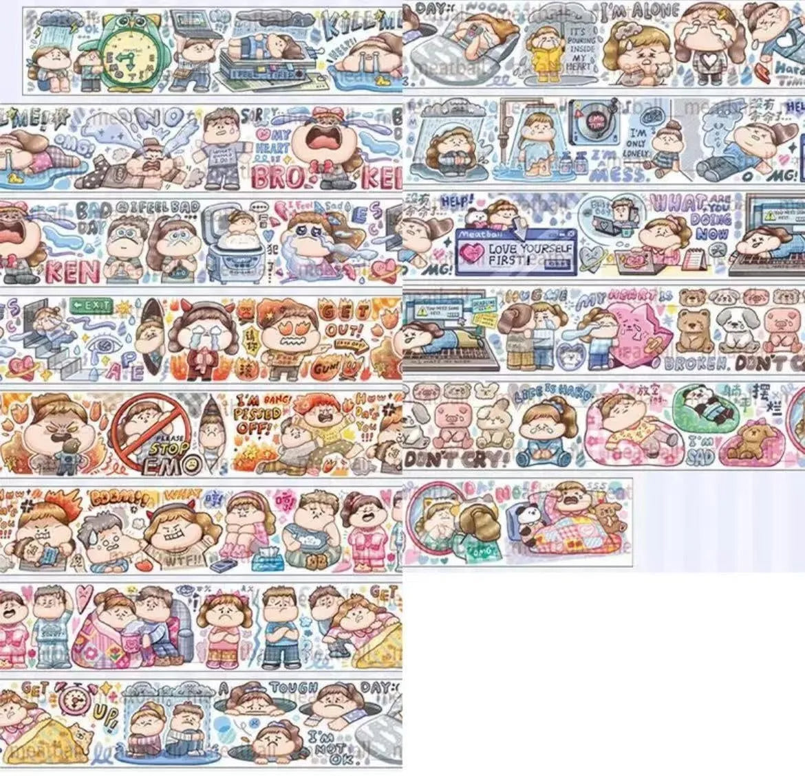 Colourful cartoon character adhesive sticker for sealing haemorrhoid tape packaging on Japanese paper.