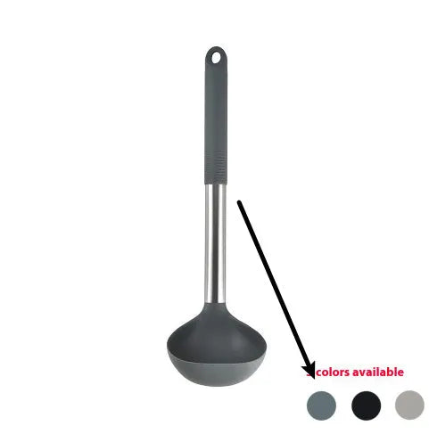 12-piece silicone kitchen utensil set in rotating storage bucket, including spatula, spoon, ladel, and egg beater on kitchen counter.