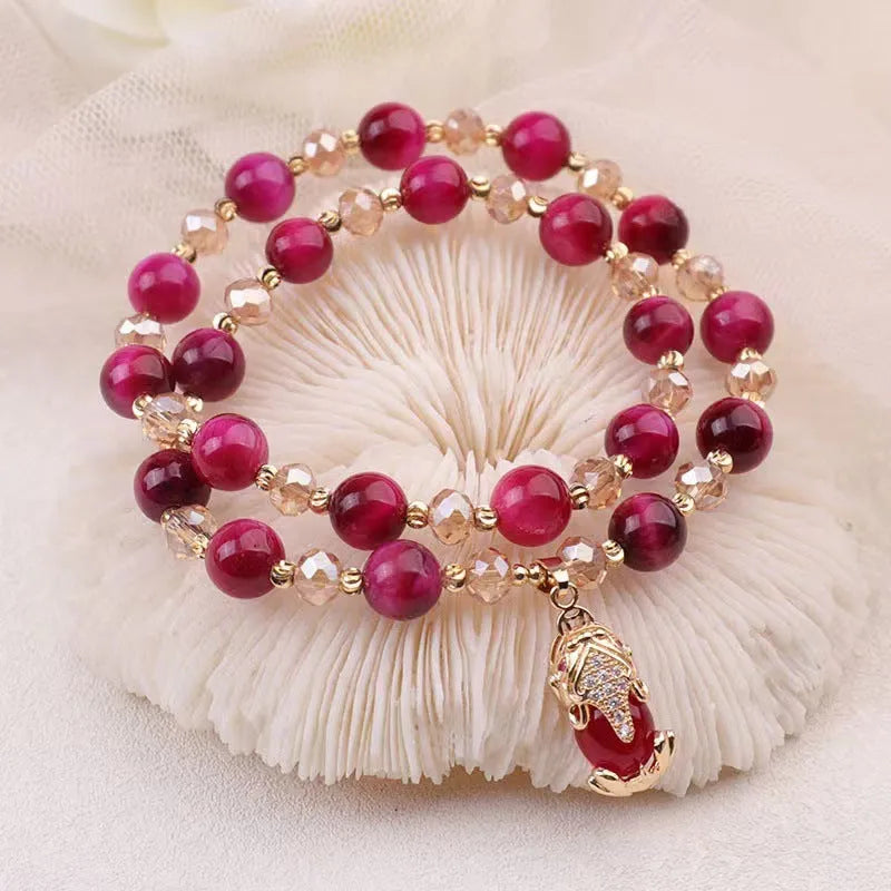 Natural Tigereye stone crystal bracelet with single or double chain in rose red or green with Fox or Pixiu motifs