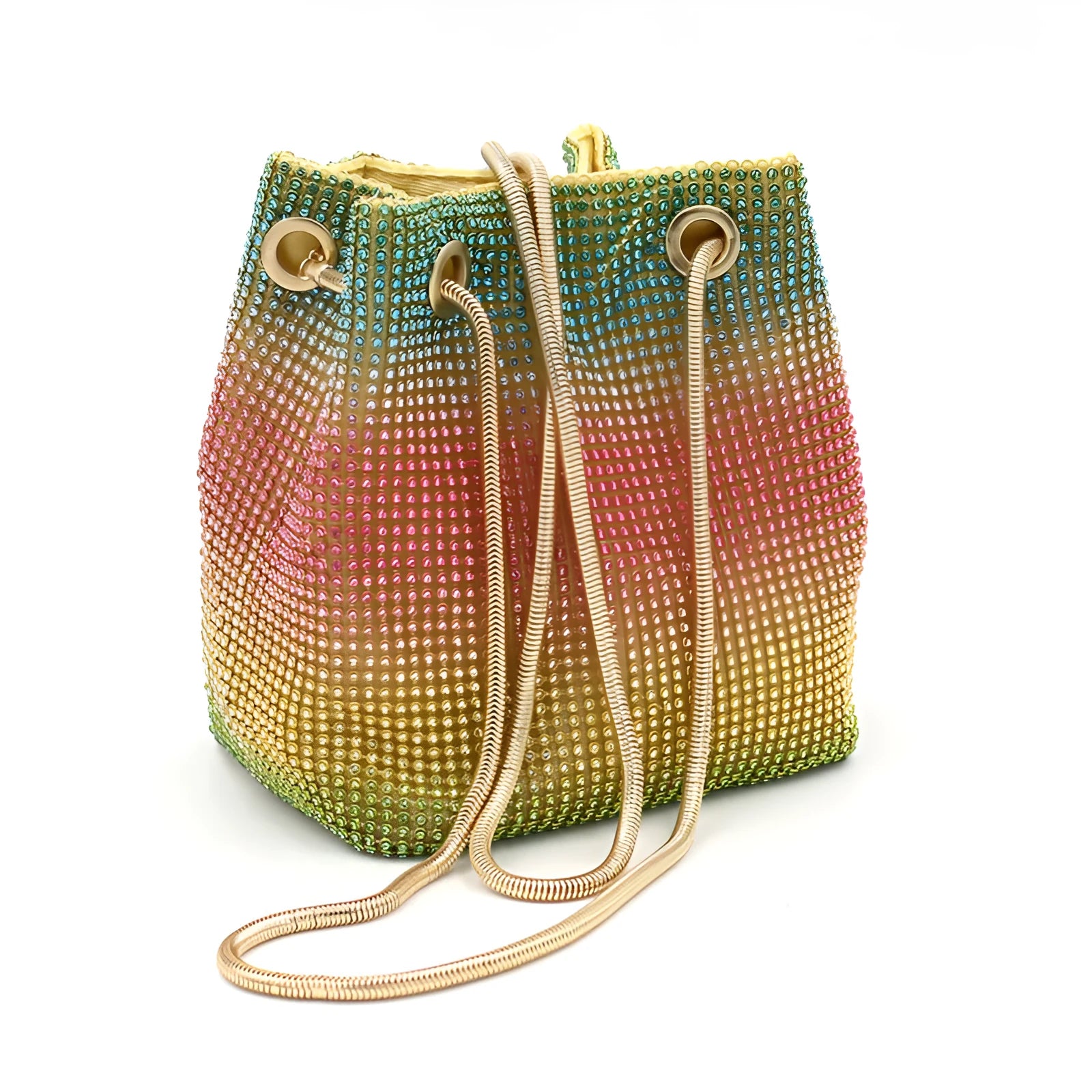 Soft rainbow rhinestone bucket handbag with adjustable long strap on a neutral background.