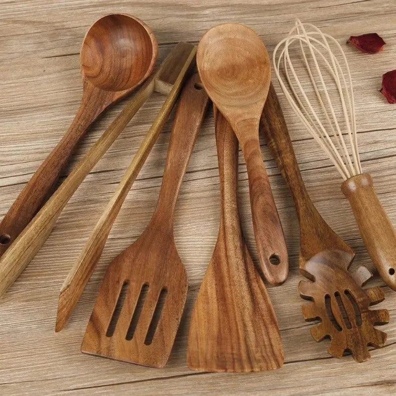Seven wooden cooking utensils with non-slip handles for non-stick pans