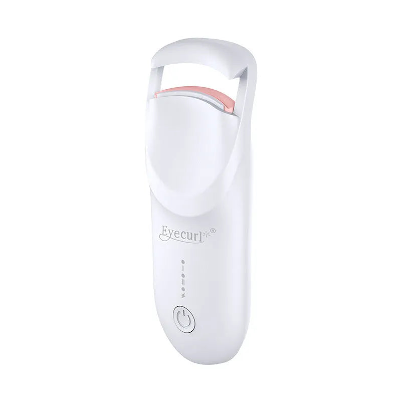 Electric USB-rechargeable eyelash curler in cream white, pink, and apricot colour options.