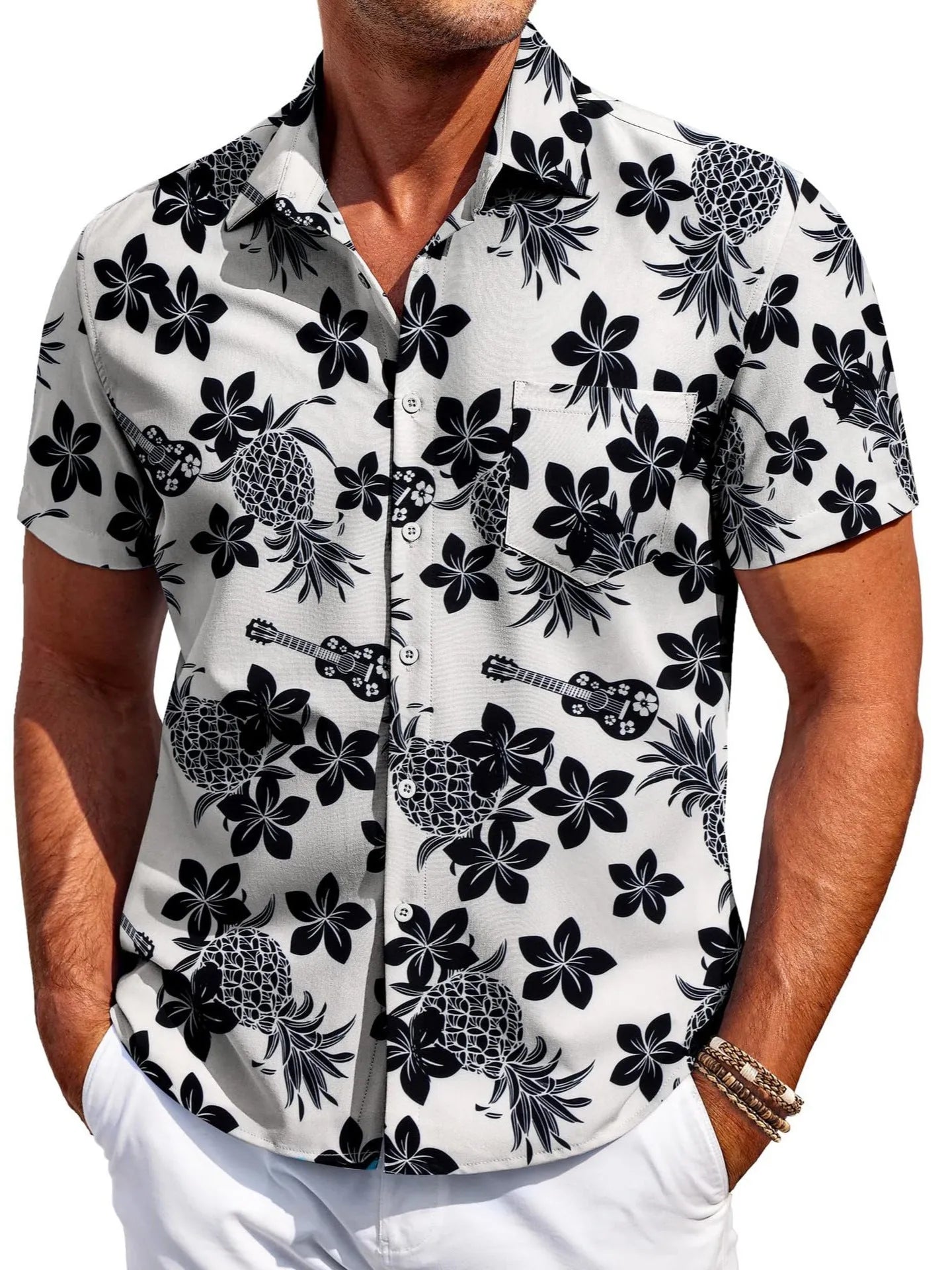 Men's slim fit Hawaiian short sleeve cardigan shirt in elastic polyester fabric on a model.