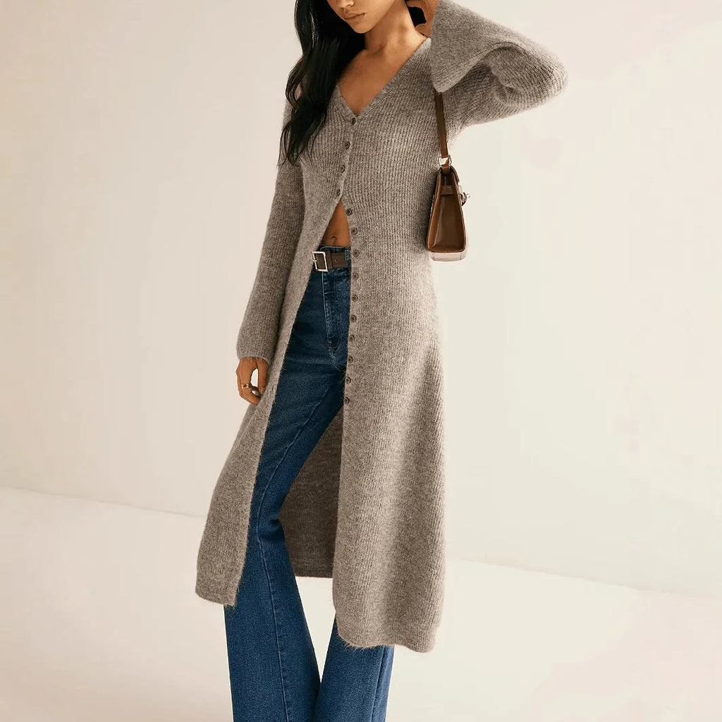 Khaki long sleeve coat cardigan with button front, shown in a retro elegant style.