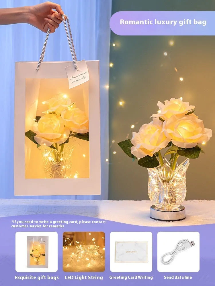 Modern crystal flowers table lamp with touch dimming control on wooden bedside table