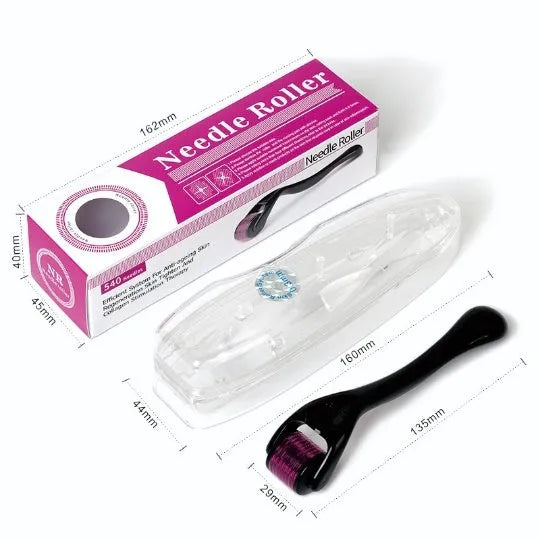 Black and purple derma rollers with 540 titanium microneedles, showing six needle size options from 0.2mm to 1.0mm.